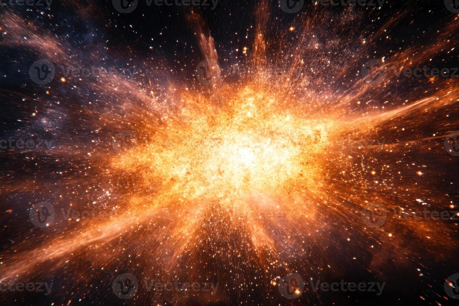 A fiery explosion in space with a bright flash and expanding energy. photo