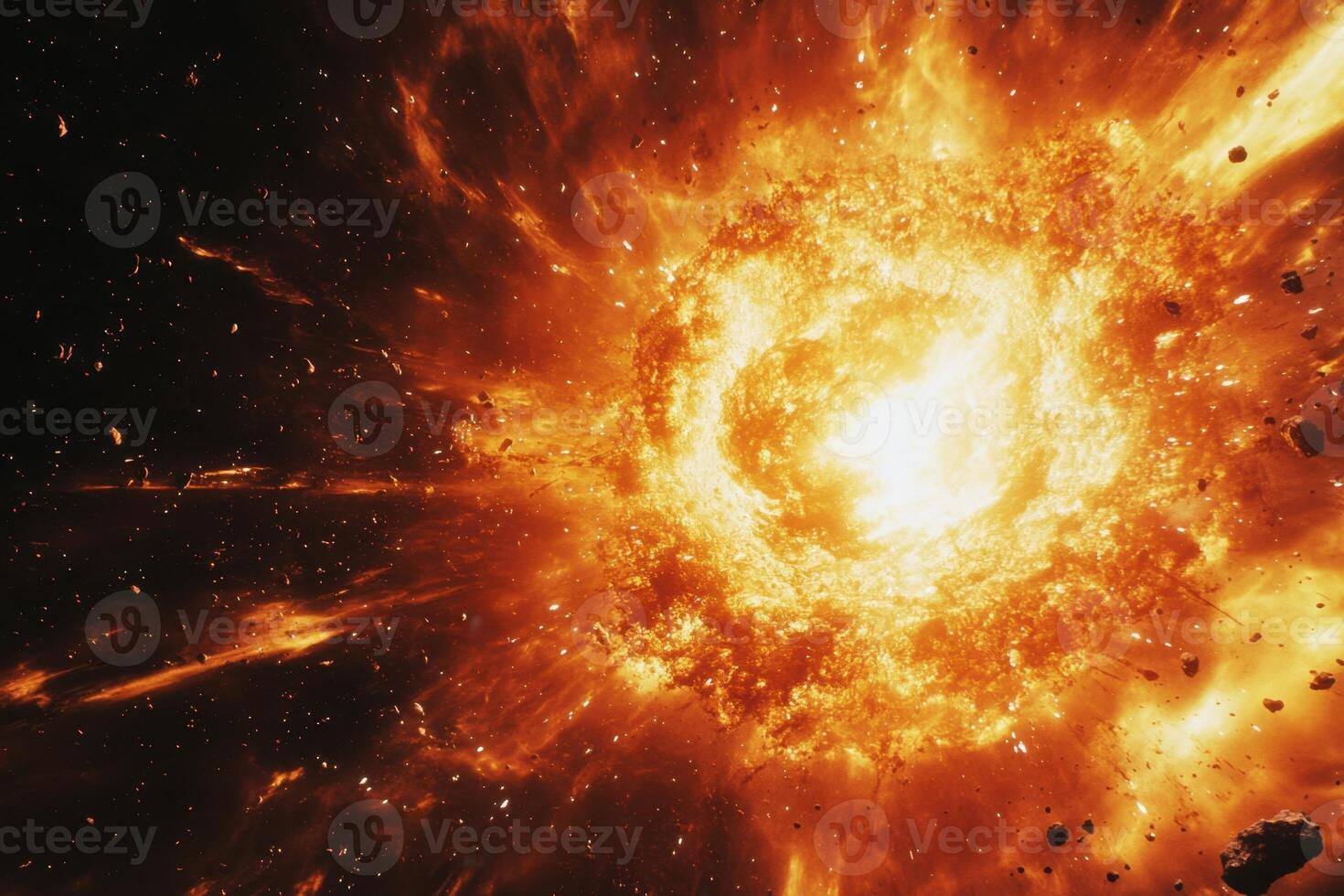 A fiery explosion in space with debris and glowing light. photo