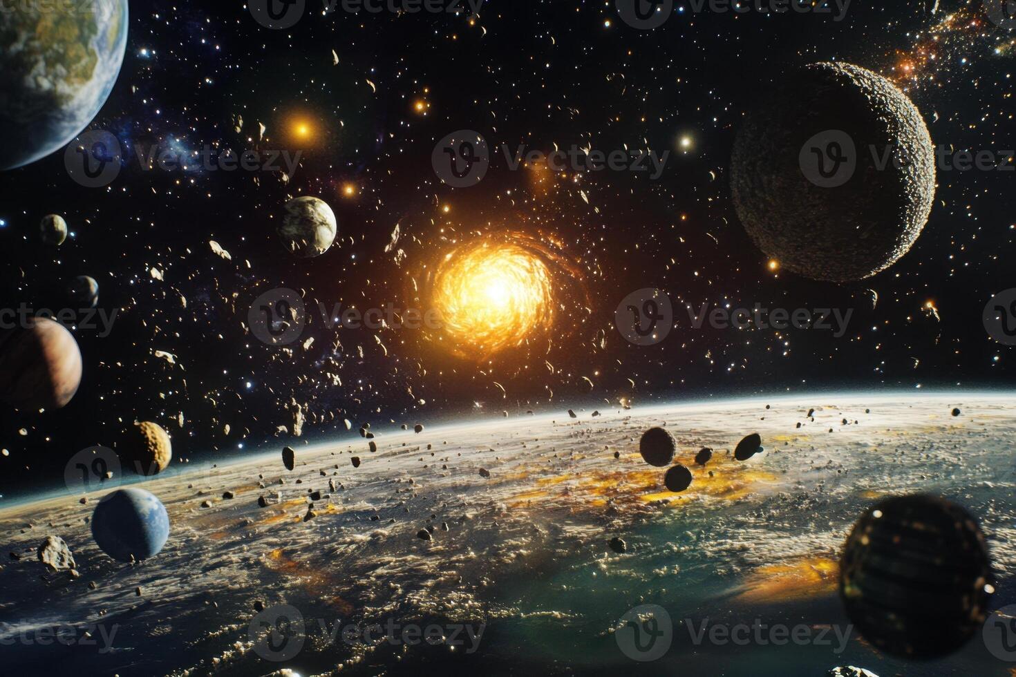 A fiery nebula and a celestial field of asteroids and planets surround a glowing sun in this awe-inspiring cosmic scene. photo
