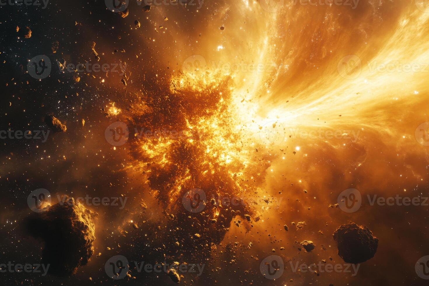 A fiery explosion in space, with asteroids and debris scattered around. photo