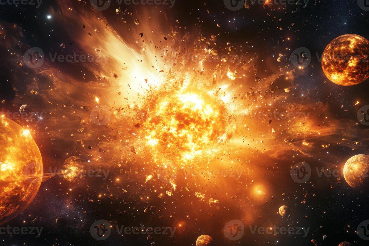 A fiery explosion in space with planets and debris. photo