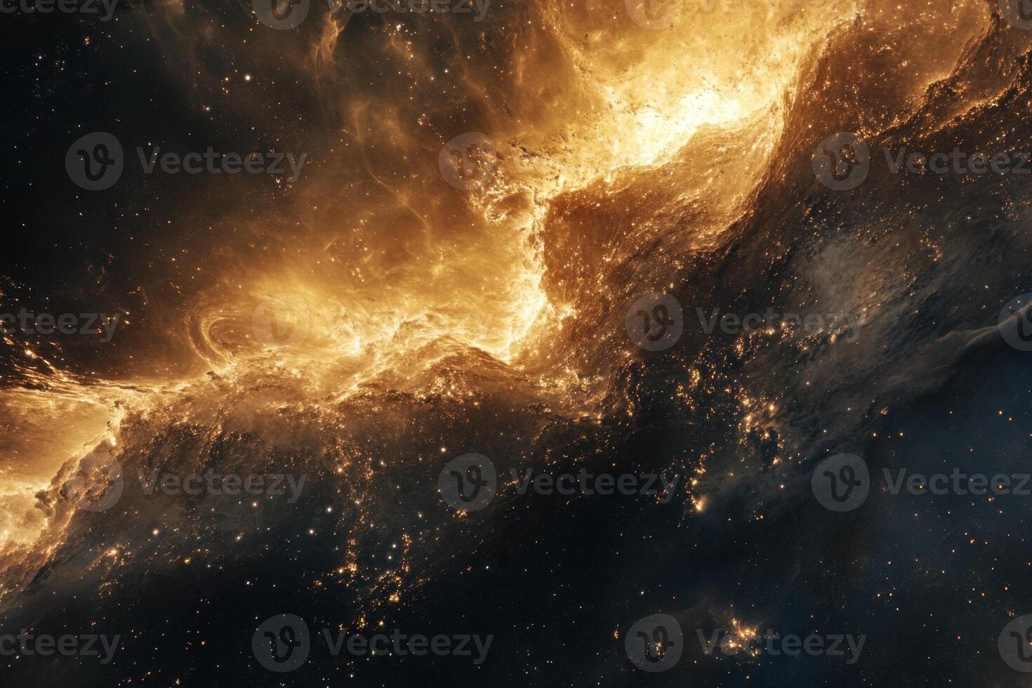 A fiery nebula glows in the dark expanse of space, with a swirly texture and subtle star clusters scattered throughout. photo