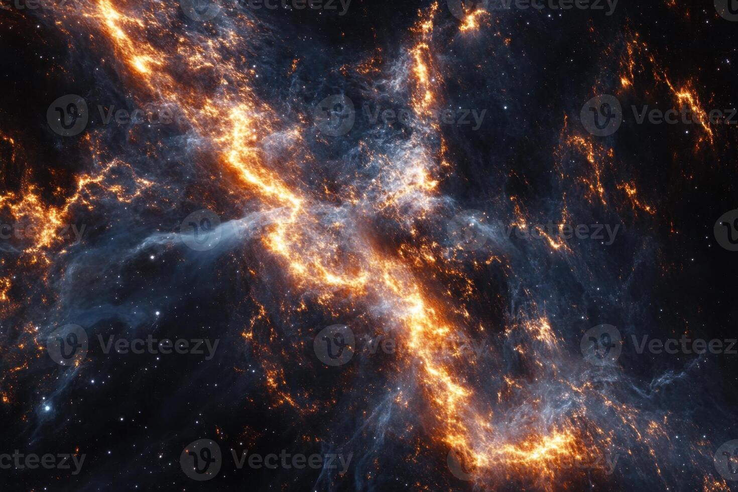 A fiery nebula streaks across a dark blue sky, with white and orange gas clouds illuminating the space. photo