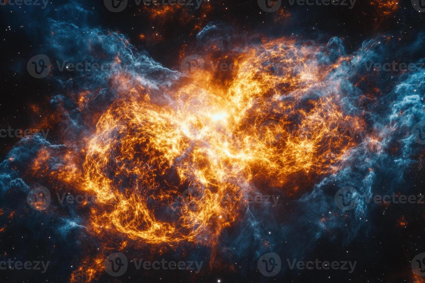 A fiery nebula glows against a dark backdrop of stars. photo