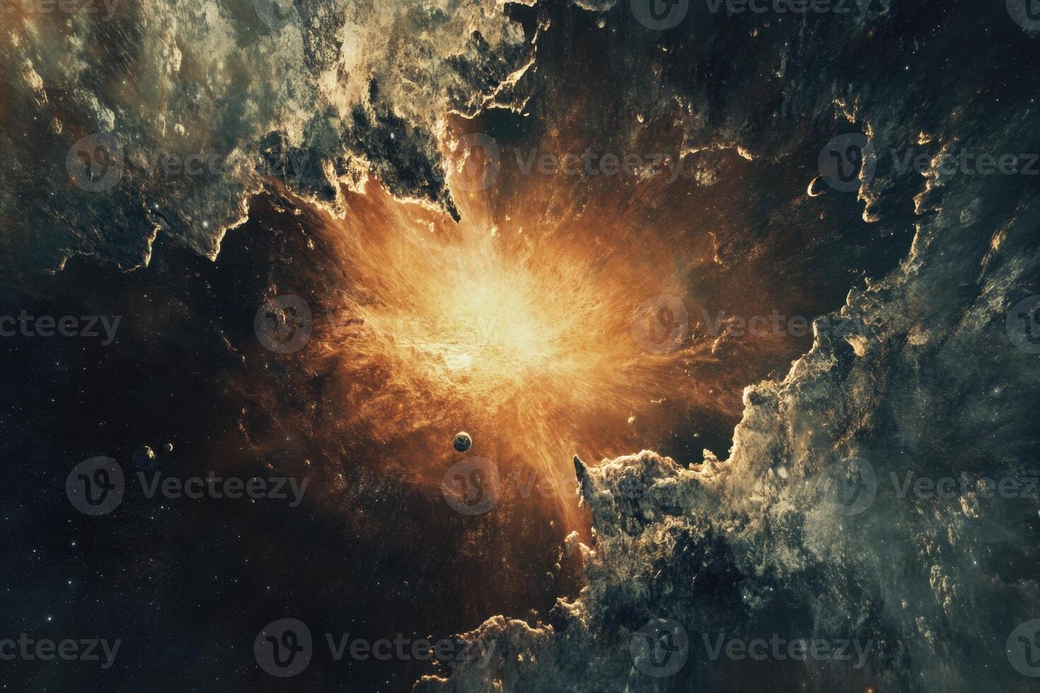 A bright, fiery explosion in space surrounded by clouds of gas and dust. photo