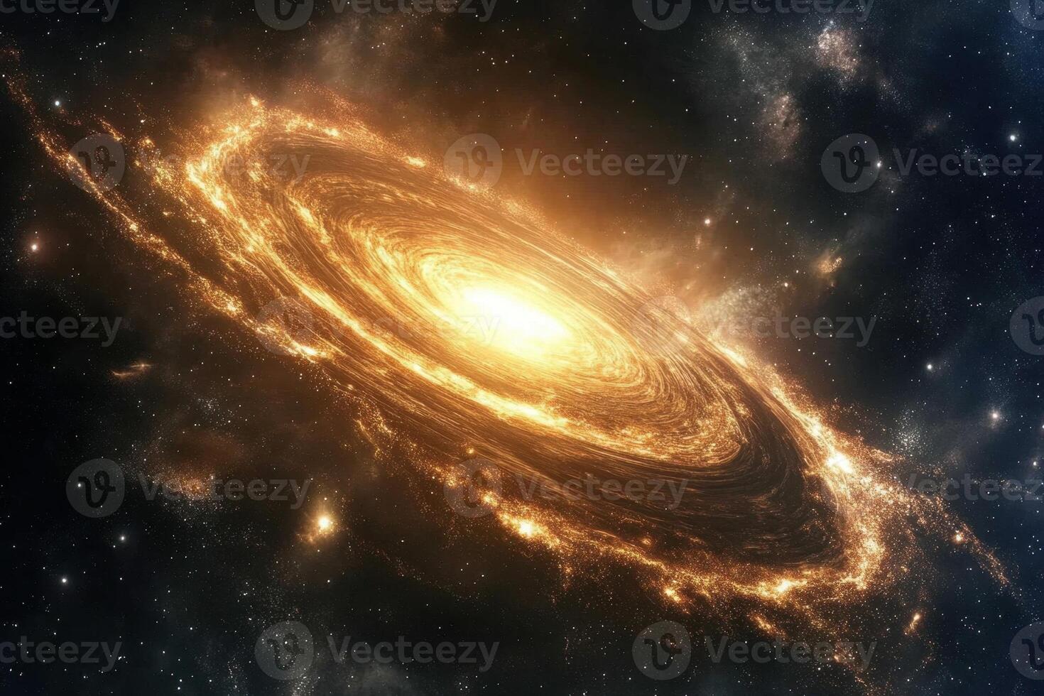 A bright, golden spiral galaxy in a dark space. photo