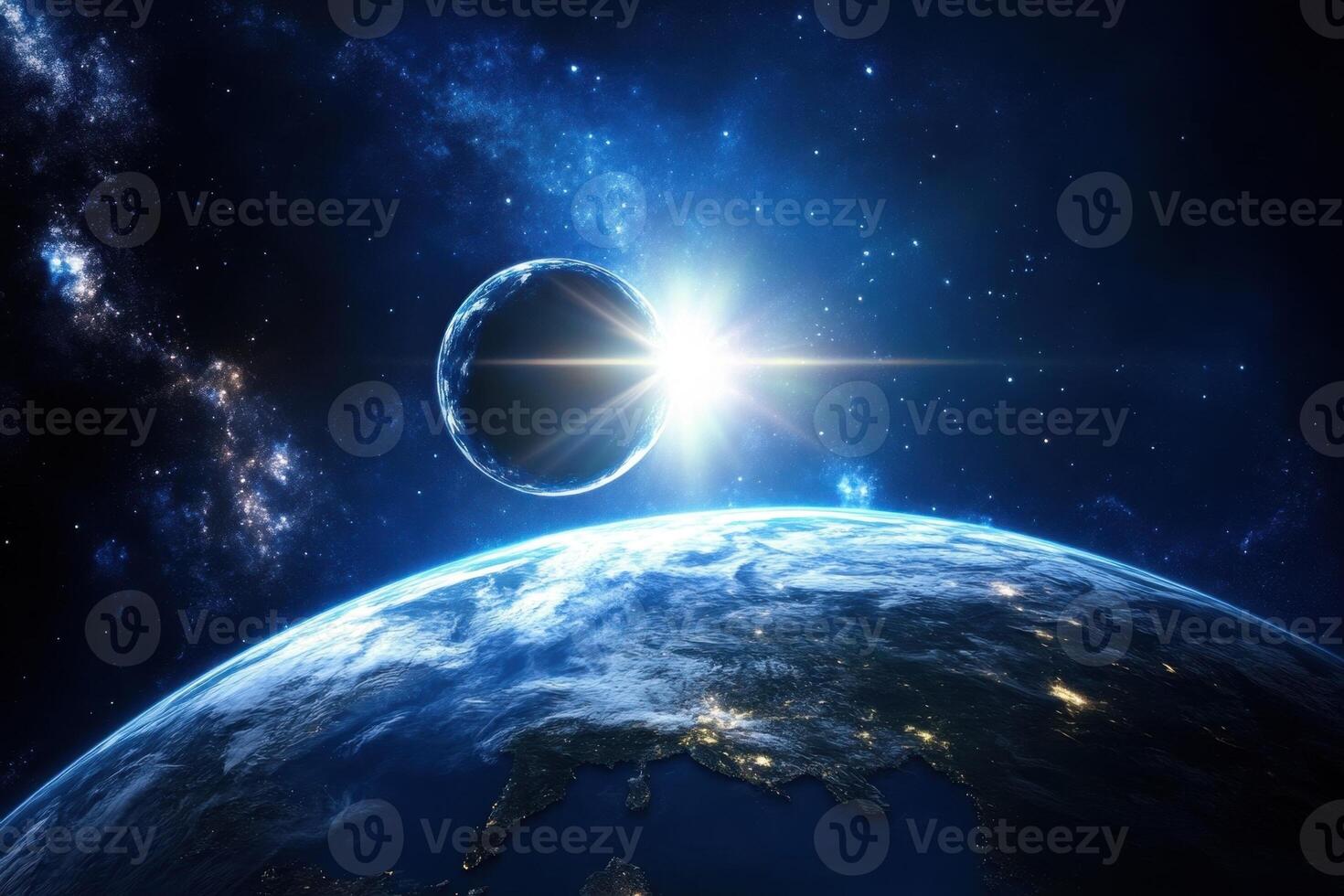 A bright star rises behind a planet in a dark and starry sky. photo