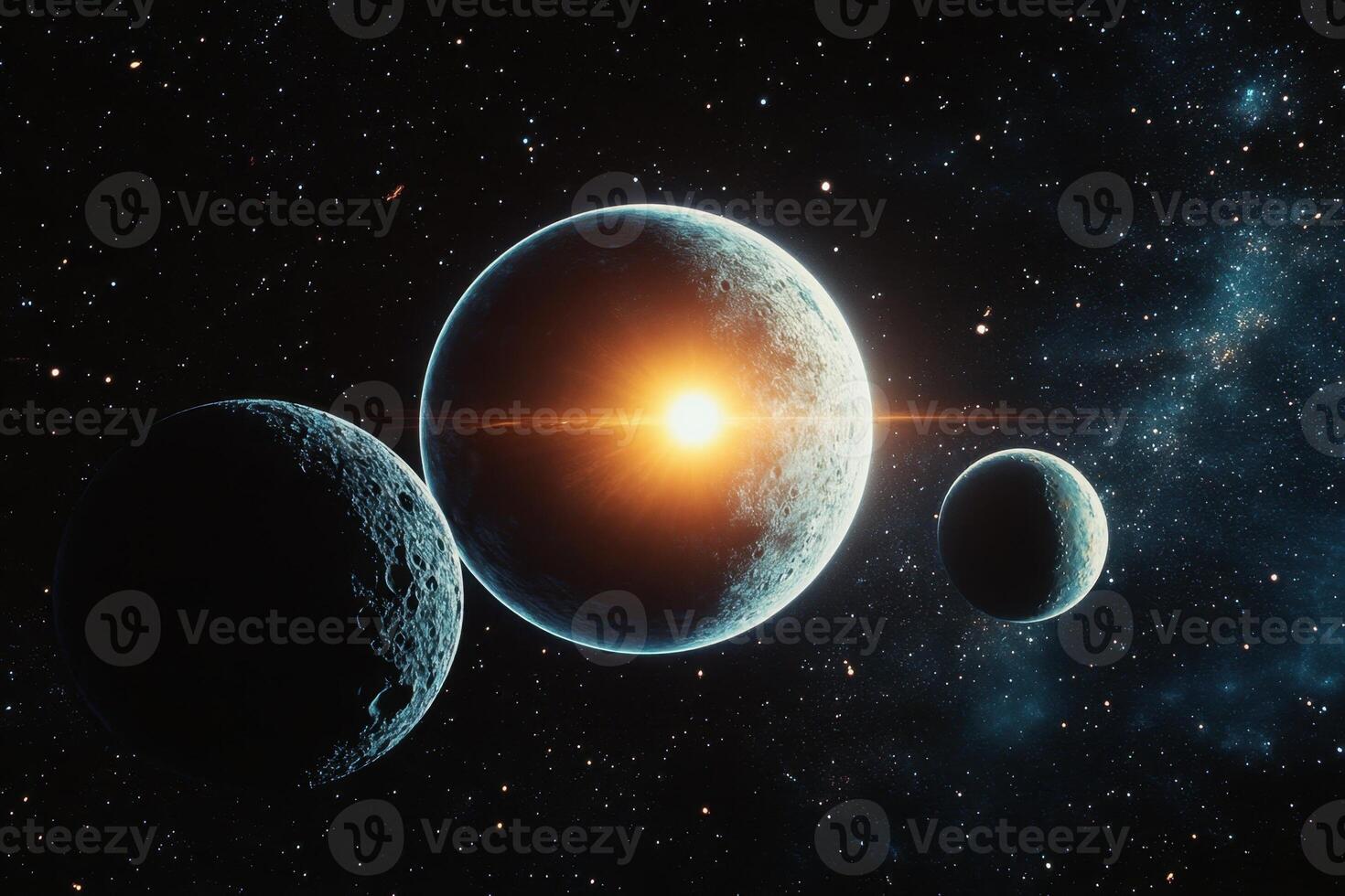 A bright star illuminates a celestial system of three planets against a dark, starry sky. photo