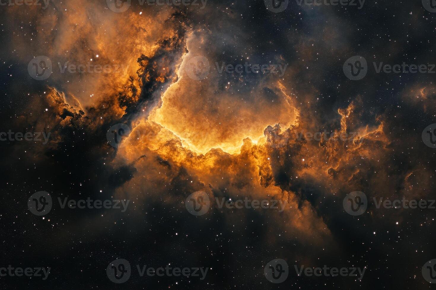 A celestial nebula with bright orange and yellow gas clouds against a dark starry backdrop. photo