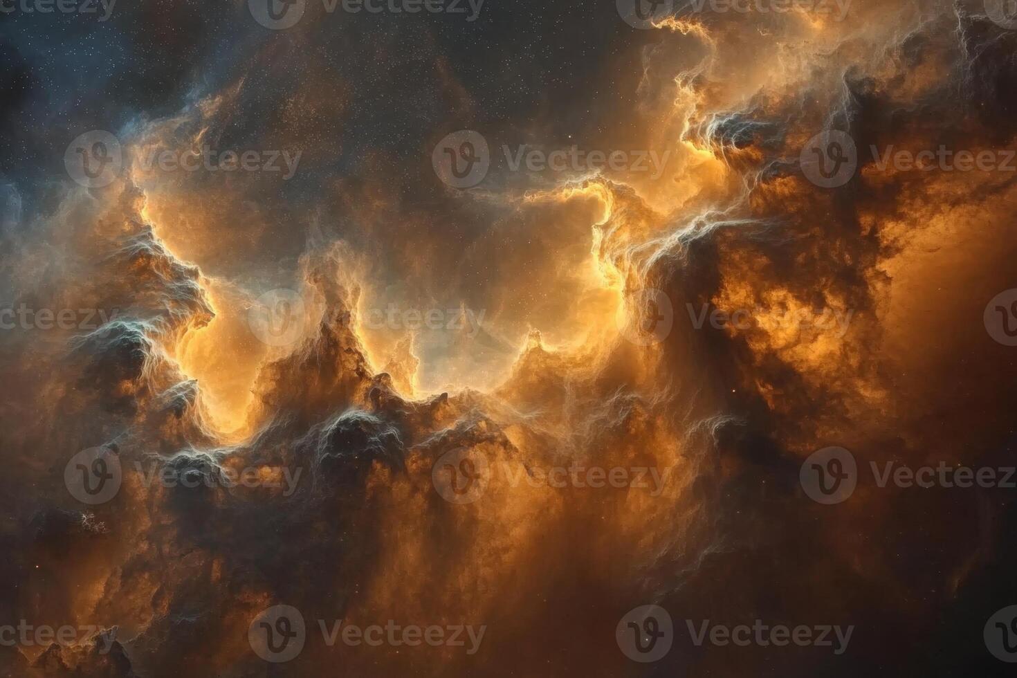 A close-up of a nebula with bright, swirling clouds of gas and dust. photo