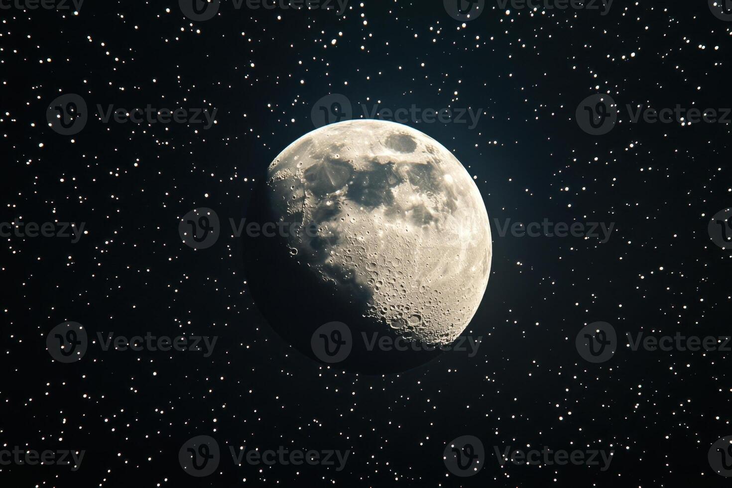 A close-up of a gibbous moon in a starry night sky. photo