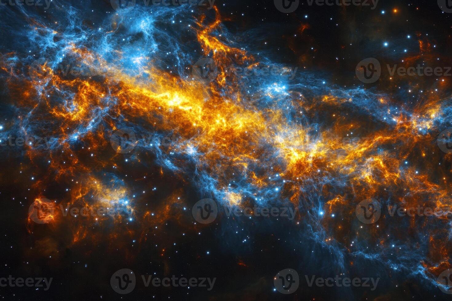 A celestial nebula with swirling orange and blue gases, illuminated by distant stars. photo