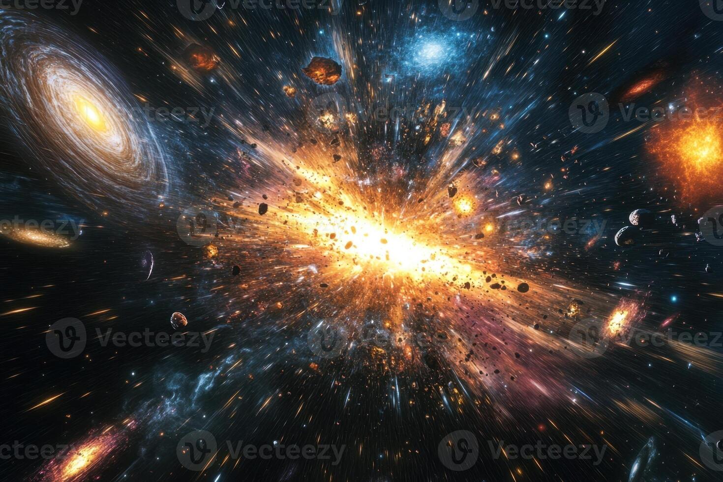 A colorful explosion in space with galaxies and stars. photo