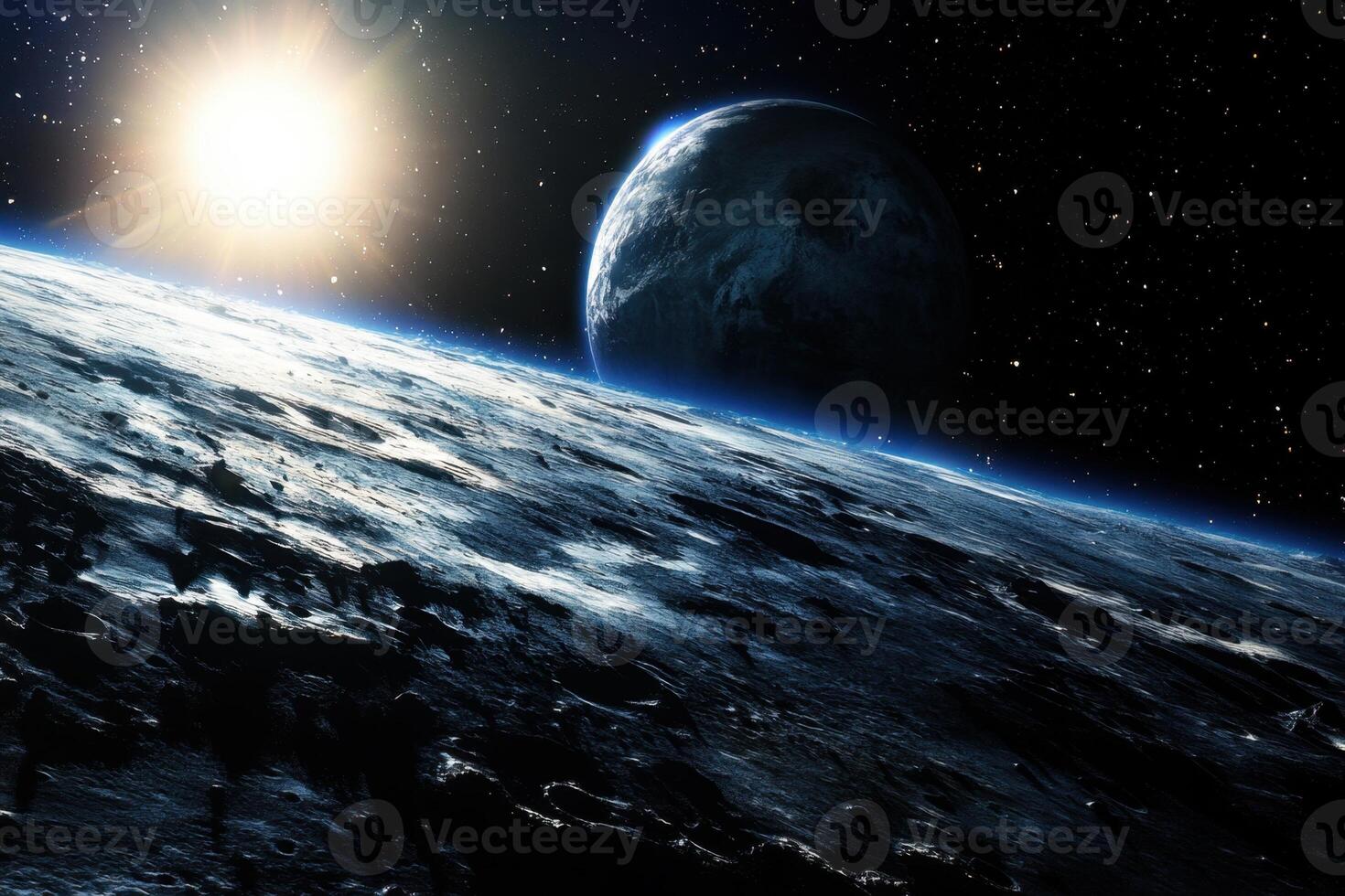 A distant planet with a sunrise and another planet in the background. photo