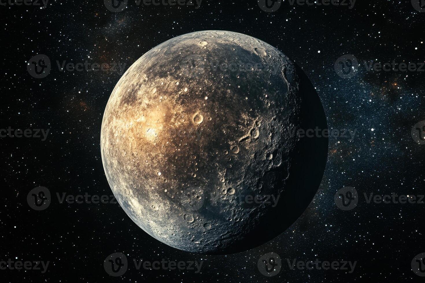A detailed, realistic depiction of the planet Mercury against a backdrop of stars and the Milky Way galaxy. photo