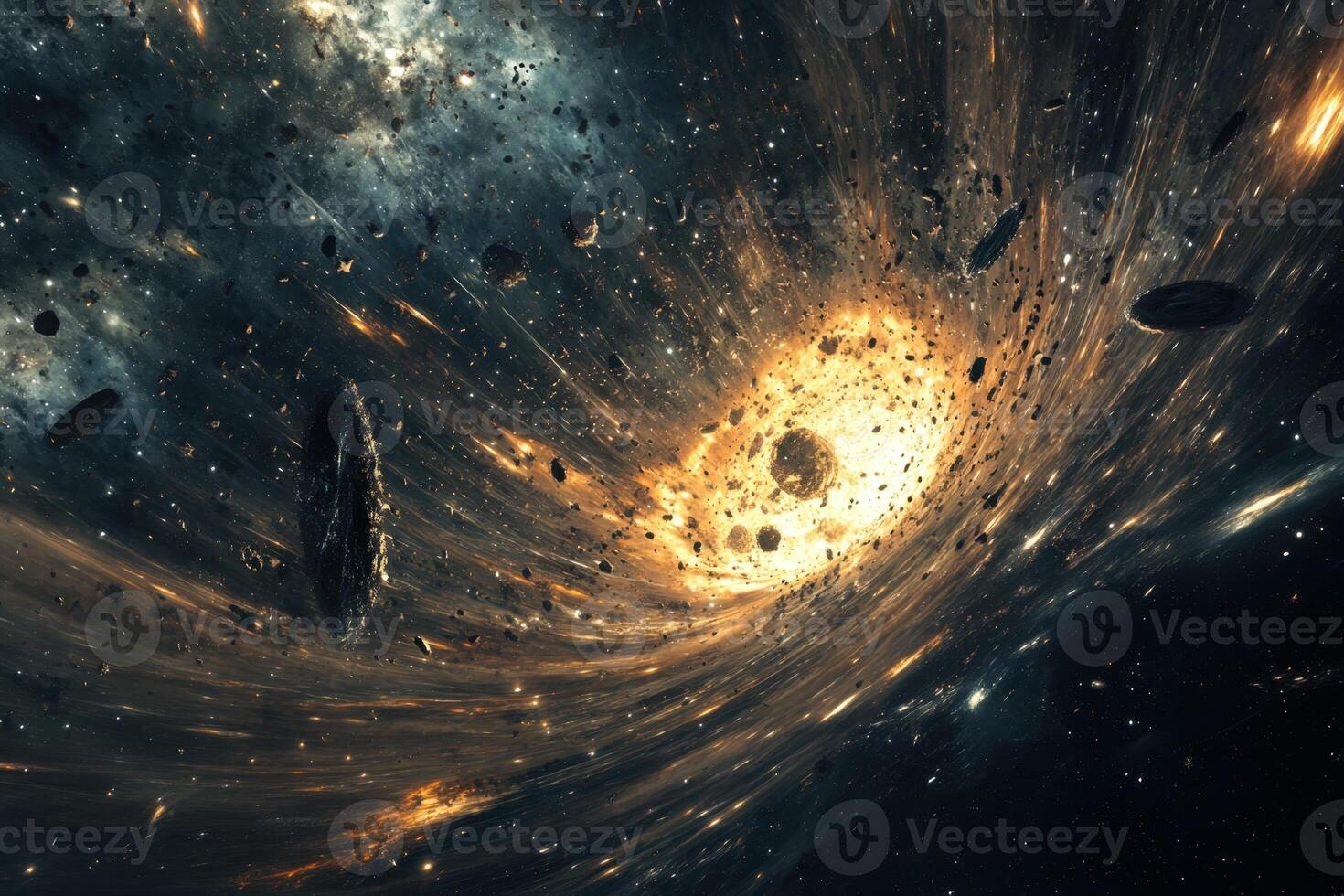 A fiery black hole in space with swirling debris. photo