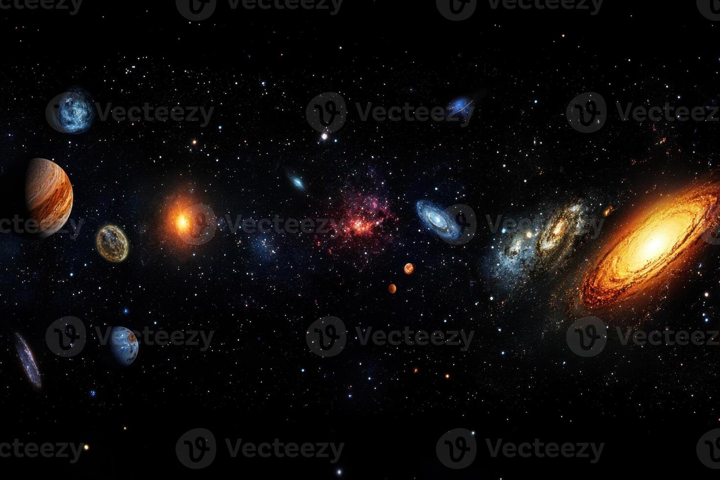 A panoramic view of the cosmos with planets, stars, galaxies, and nebulas. photo