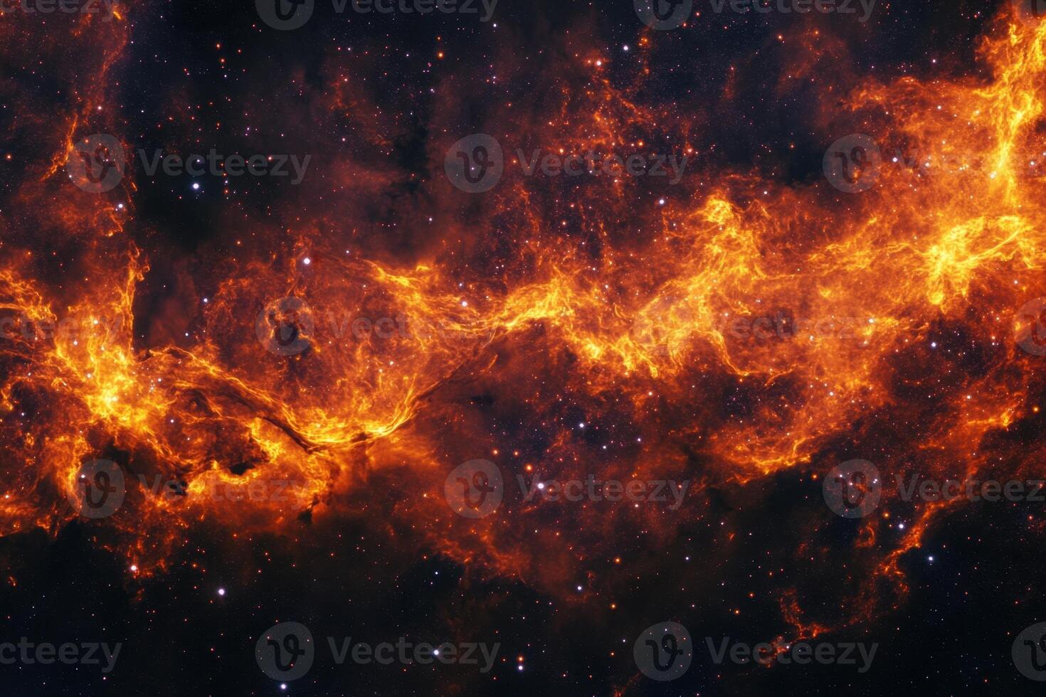 A fiery nebula with a swirling pattern of gas and dust in a dark, star-filled sky. photo