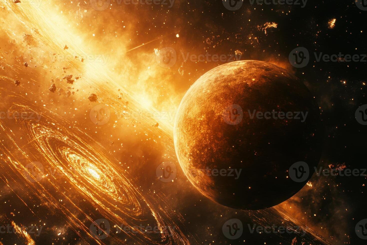 A fiery orange planet with a glowing ring in a dark, starry space. photo