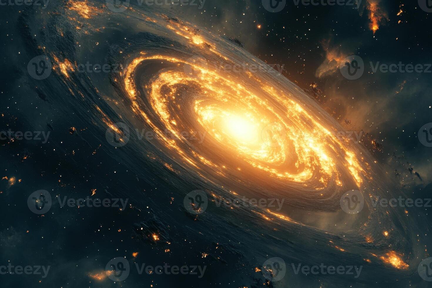A fiery, swirling spiral galaxy against a dark, starry background. photo