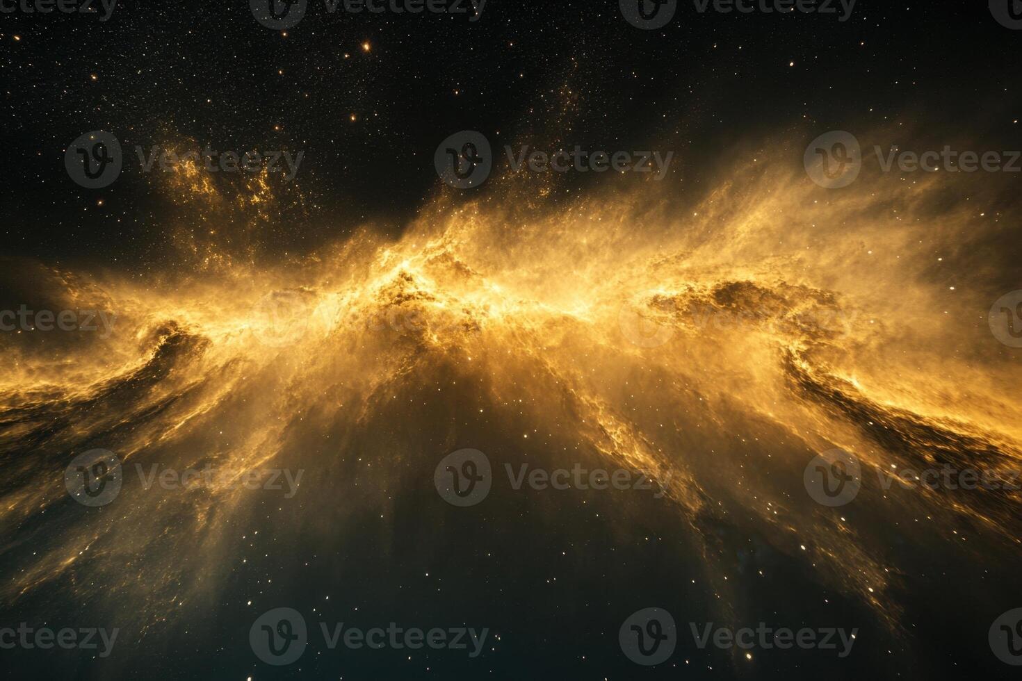 A glowing golden nebula in the vast, dark expanse of space. photo