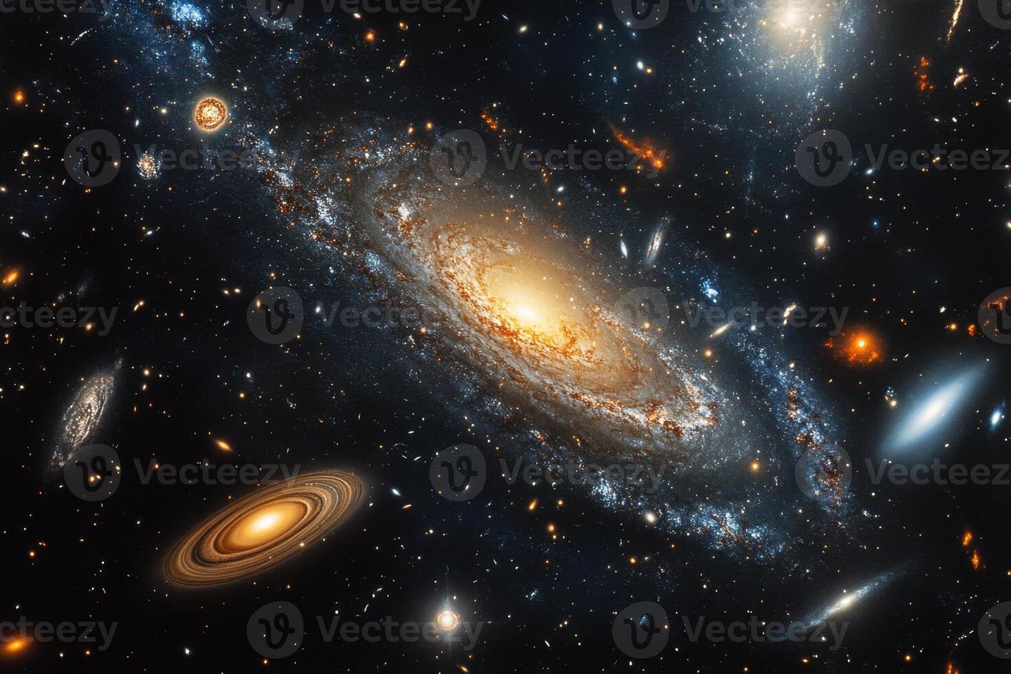 A spiral galaxy with stars and dust lanes in a dark space. photo