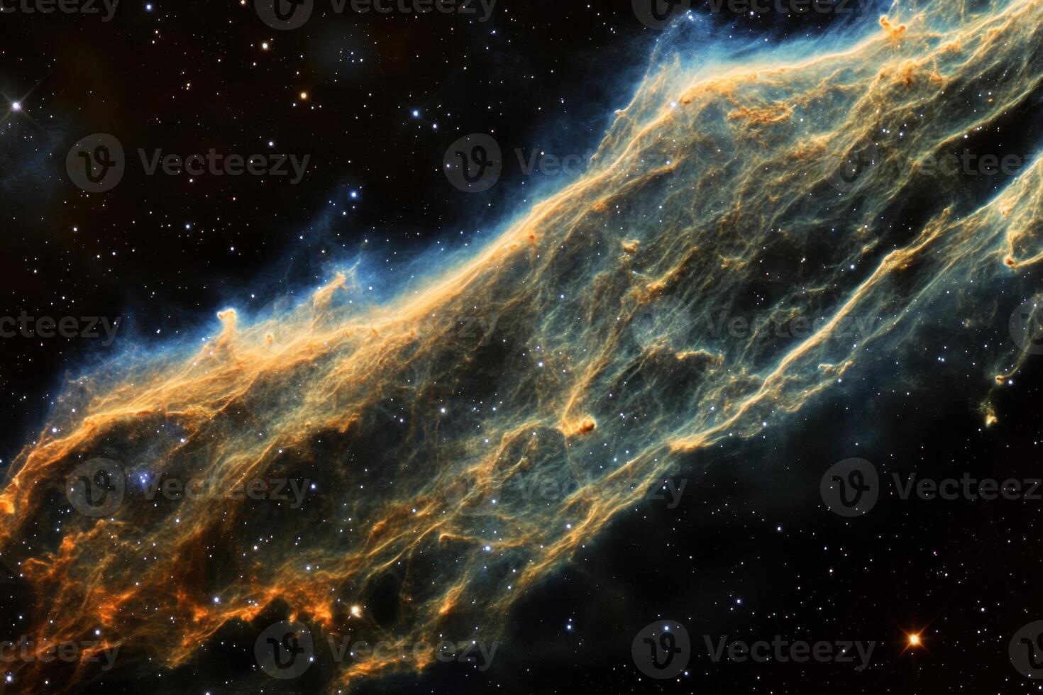 A long, thin nebula of gas and dust, glowing with light from nearby stars, against a backdrop of countless other stars. photo