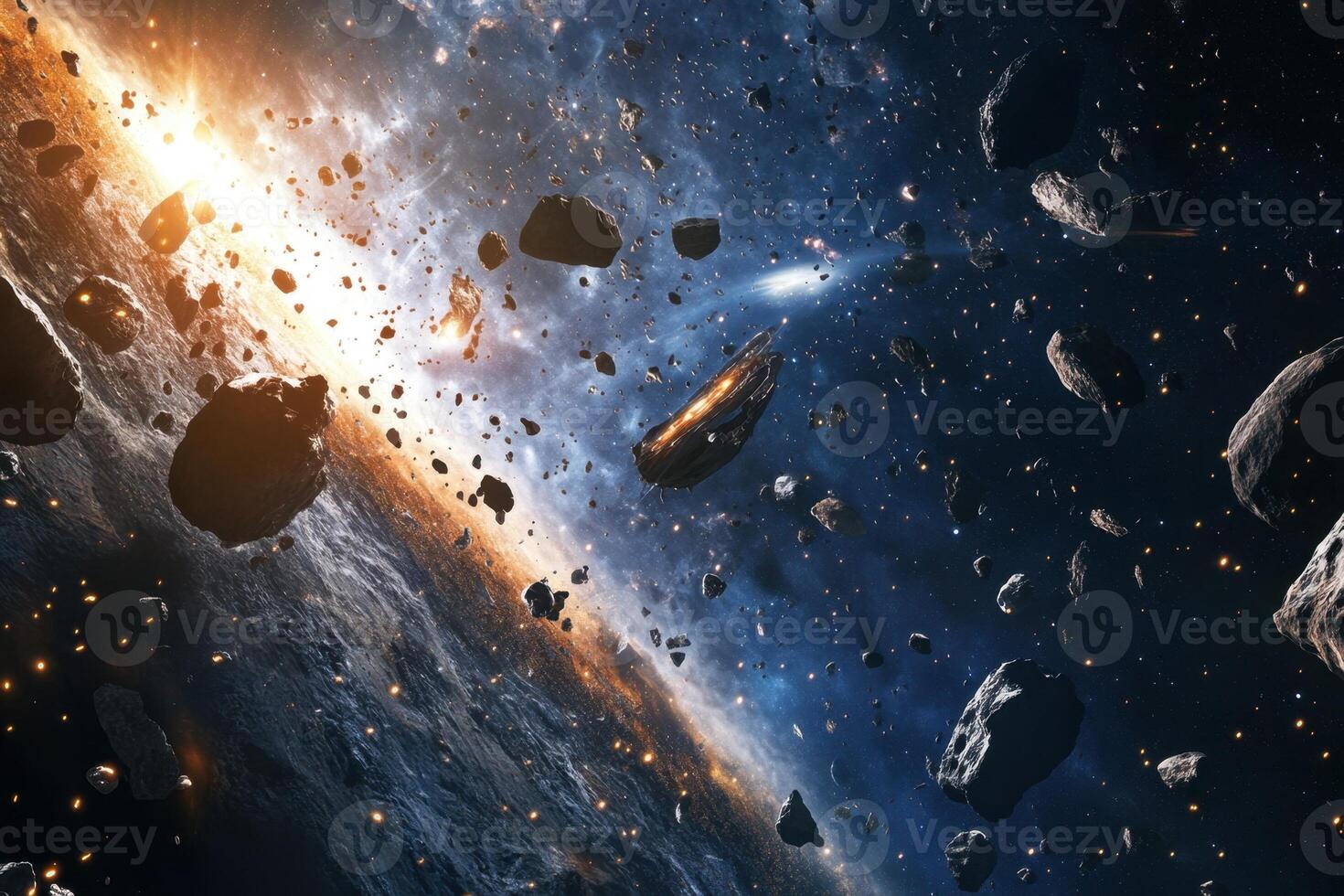 A planet is being bombarded by asteroids with a large star in the background. photo