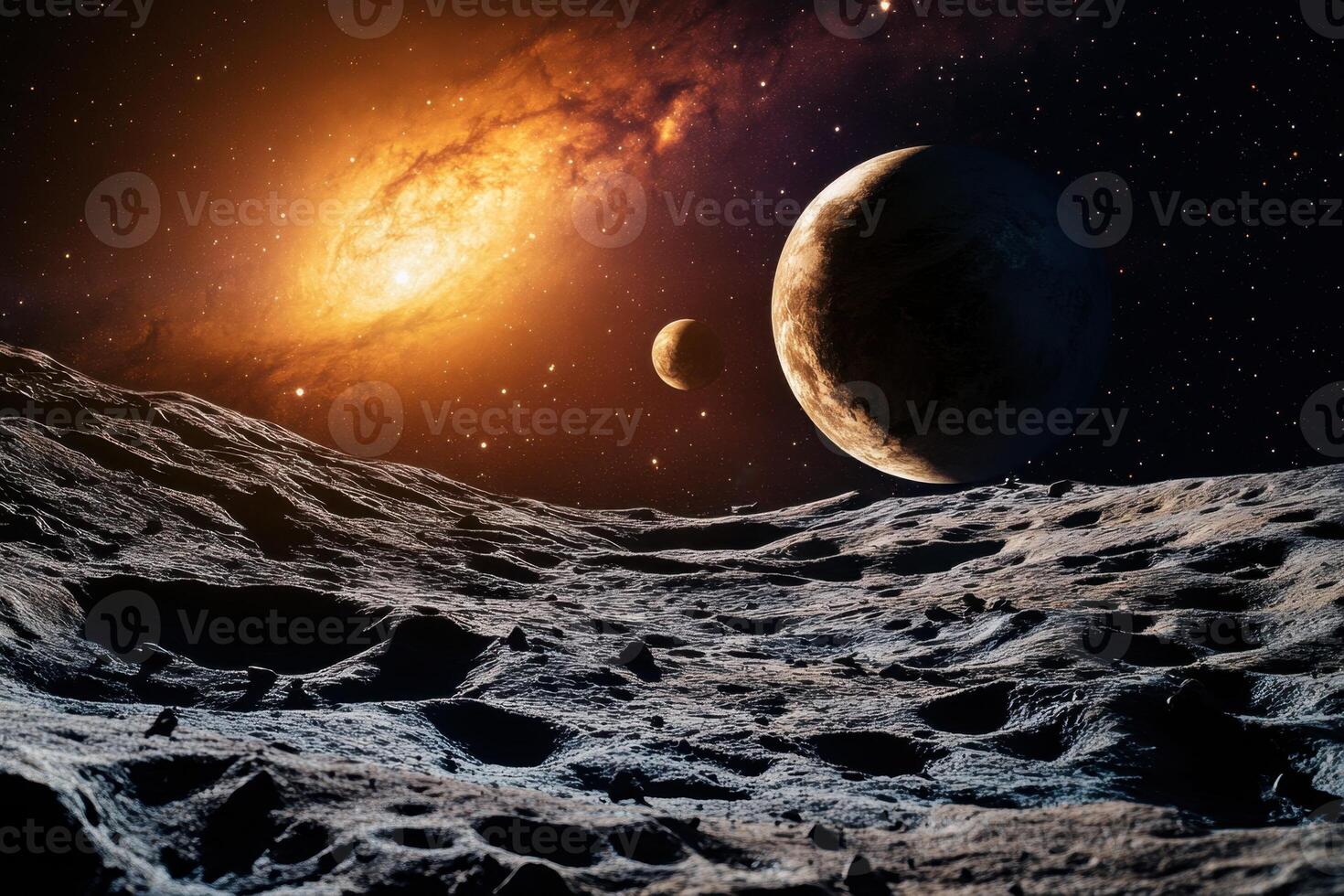 A rocky, cratered planet surface with a glowing galaxy in the background and two other planets in the sky. photo