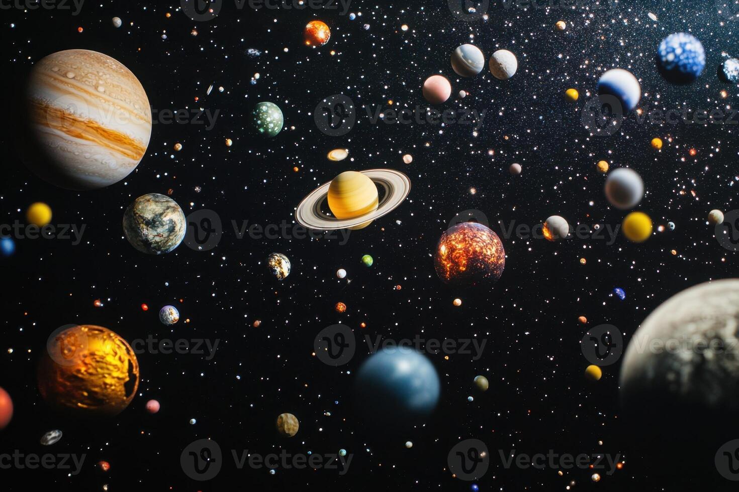A scattering of planets and stars in space. photo