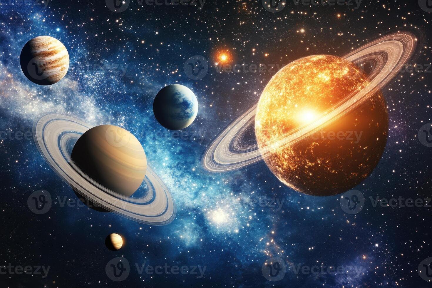 A scenic view of a solar system with multiple planets, including Saturn with its rings. photo