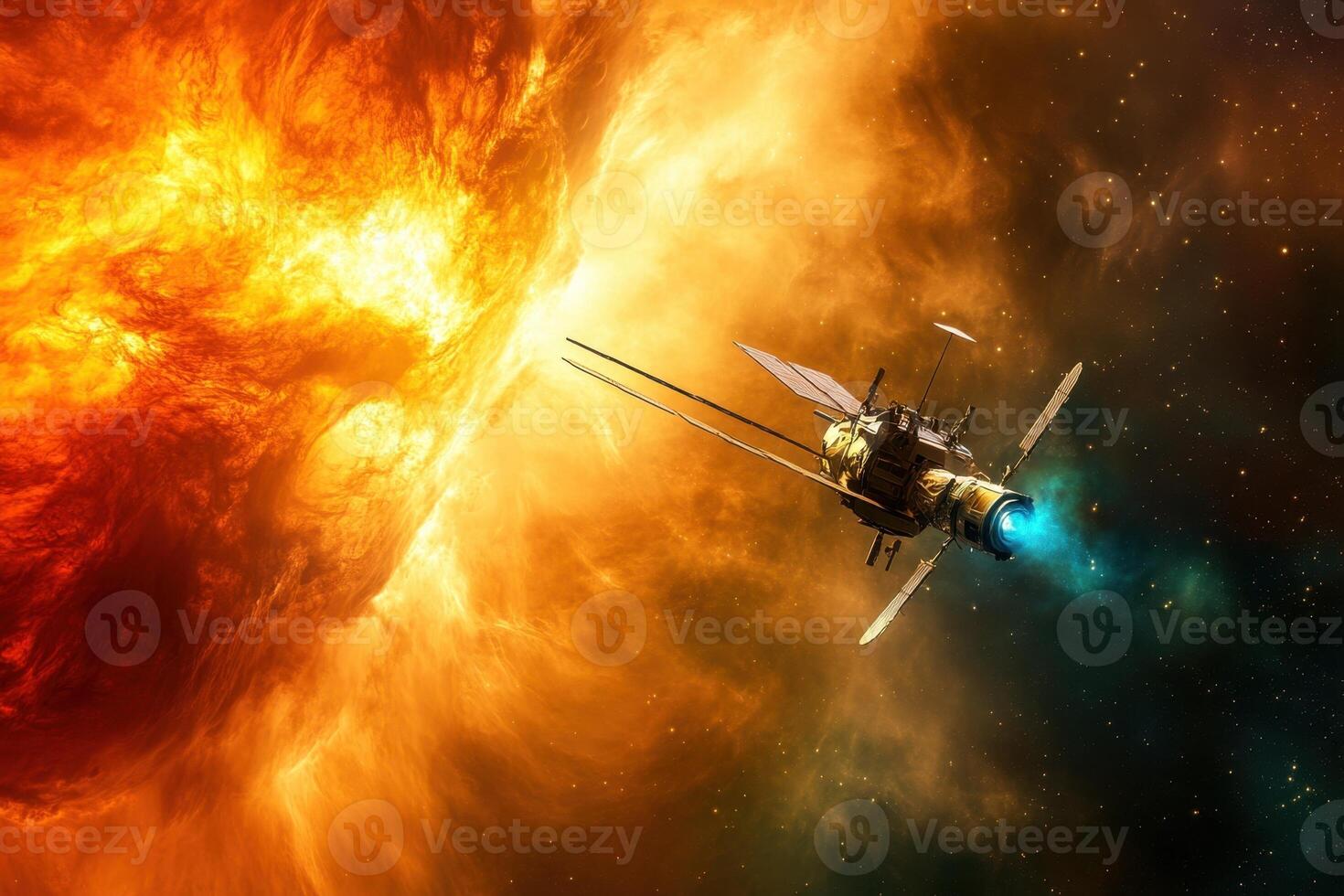 A spaceship flies through a fiery nebula in space. photo