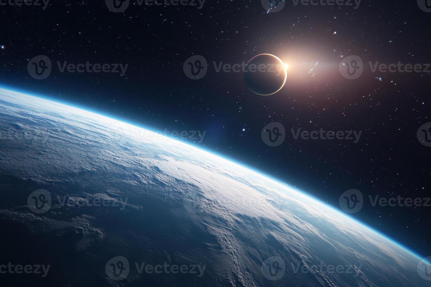 A solar eclipse viewed from space with Earth's horizon in the foreground. photo