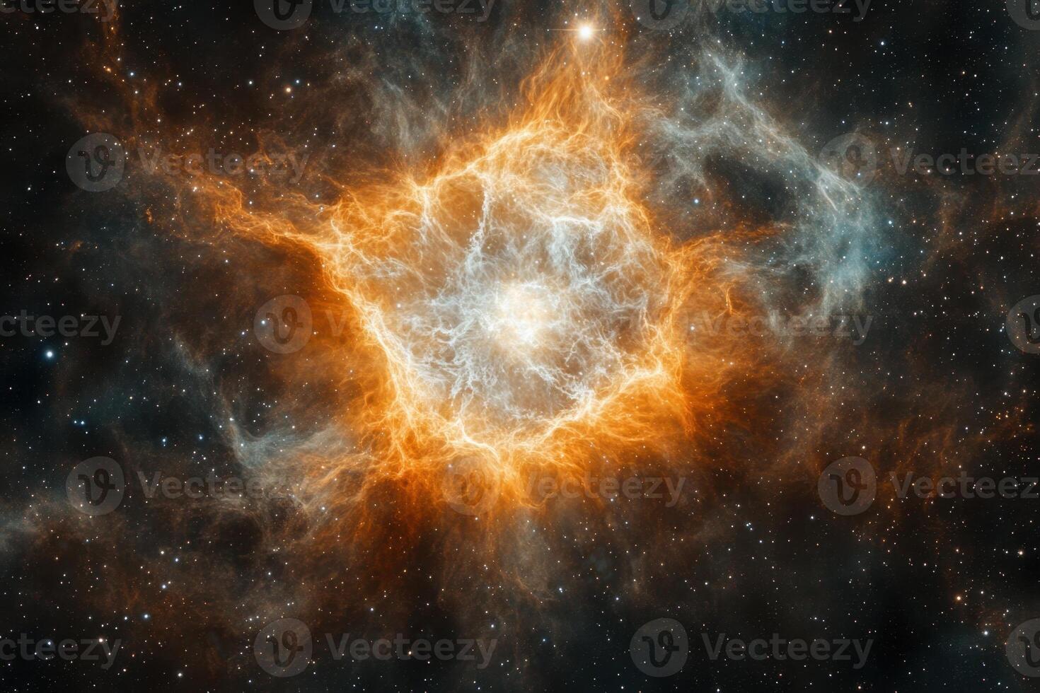 A fiery nebula with a bright center, surrounded by a field of stars. photo