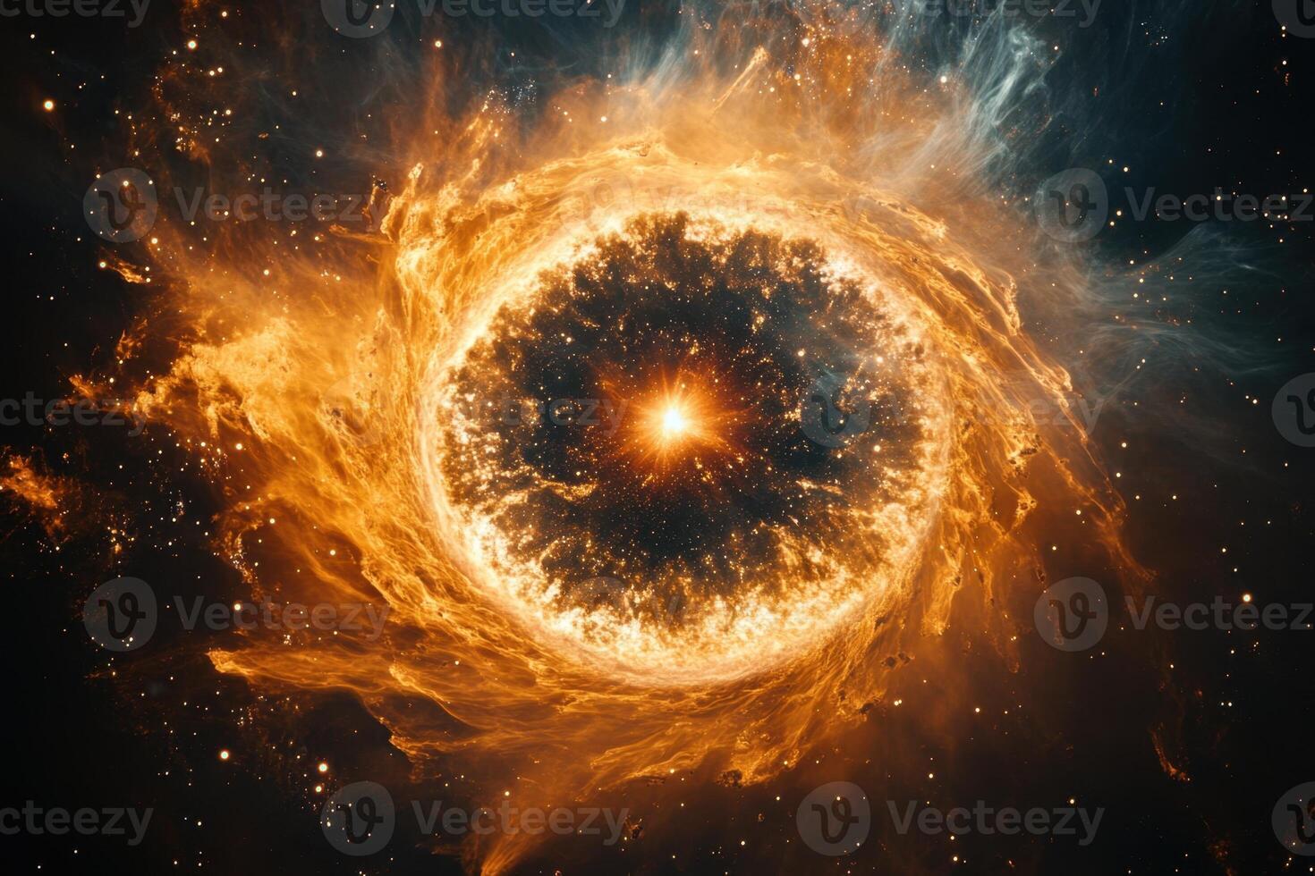 A fiery nebula with a bright core, surrounded by swirling gas and dust. photo