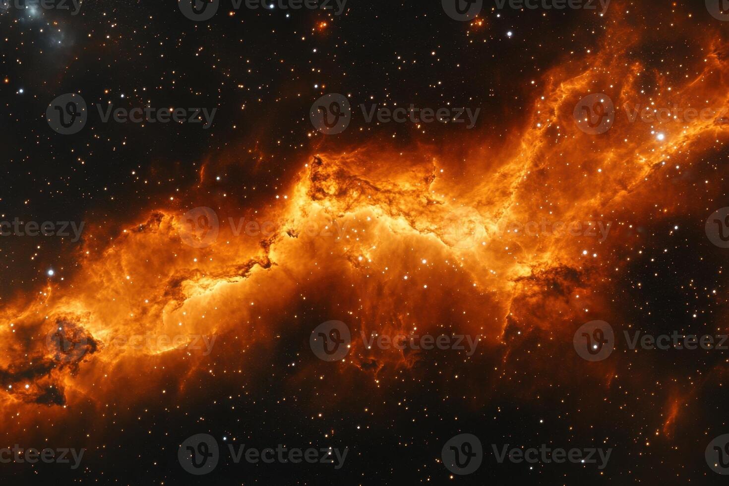 A fiery nebula with swirling clouds of gas and dust against a backdrop of twinkling stars. photo
