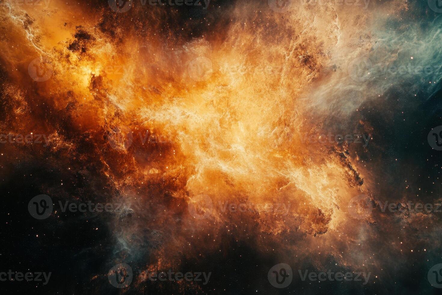 A fiery nebula with swirling orange and blue clouds in space. photo