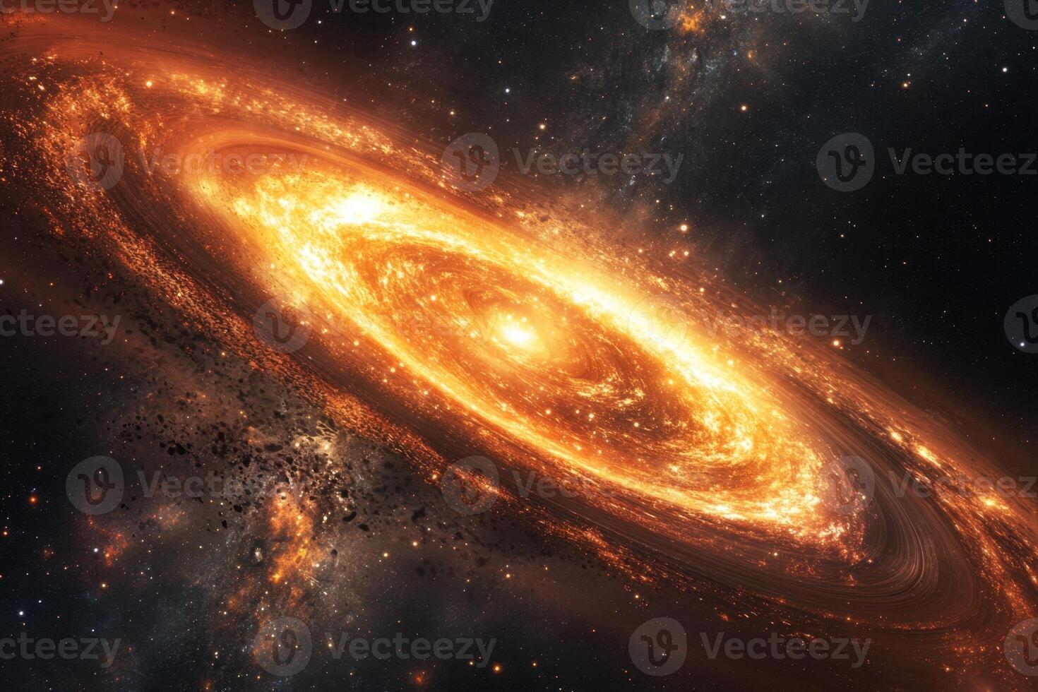 A fiery orange spiral galaxy with a glowing core surrounded by stars and dust. photo