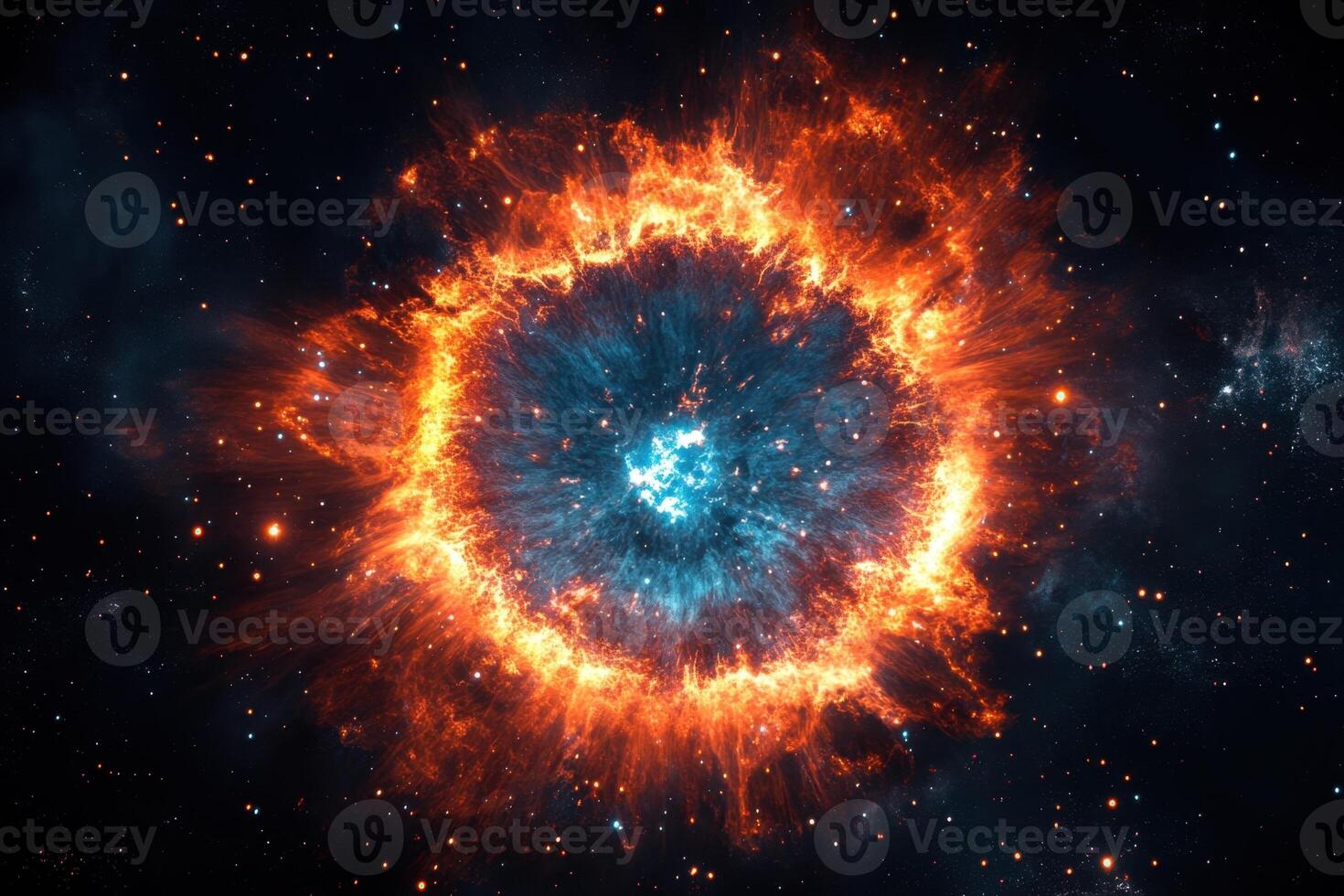 A fiery ring of gas and dust in space, resembling a supernova explosion, glows against a backdrop of stars. photo