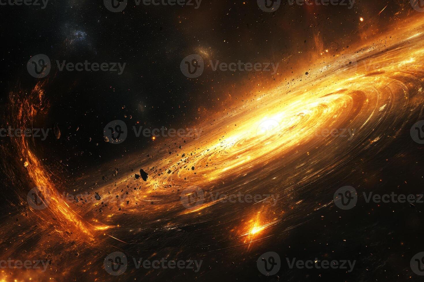 A fiery spiral galaxy with scattered asteroids and a bright core. photo