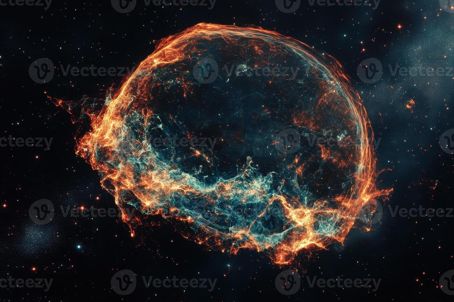A glowing nebula in space with stars. photo