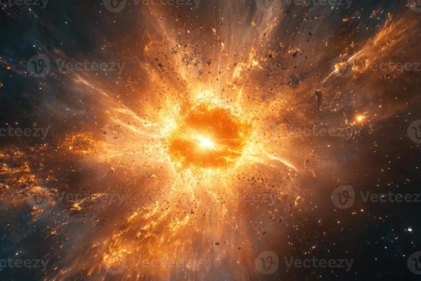 A glowing orange supernova explodes in space, surrounded by gas and dust. photo