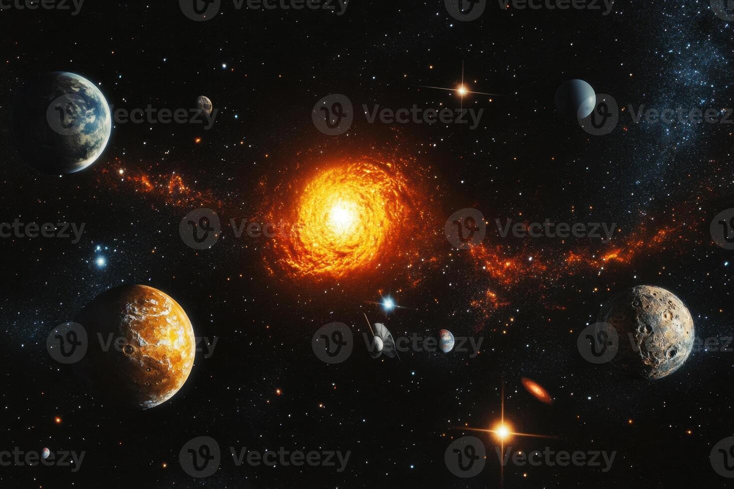 A glowing, fiery sun with swirling flames sits at the center of a solar system. photo