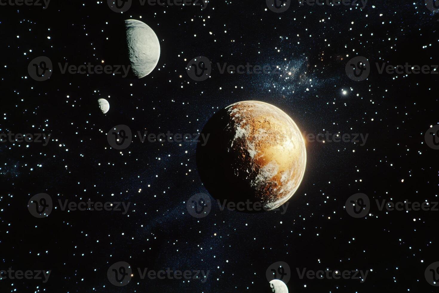 A golden planet with three moons in a dark, starry sky. photo