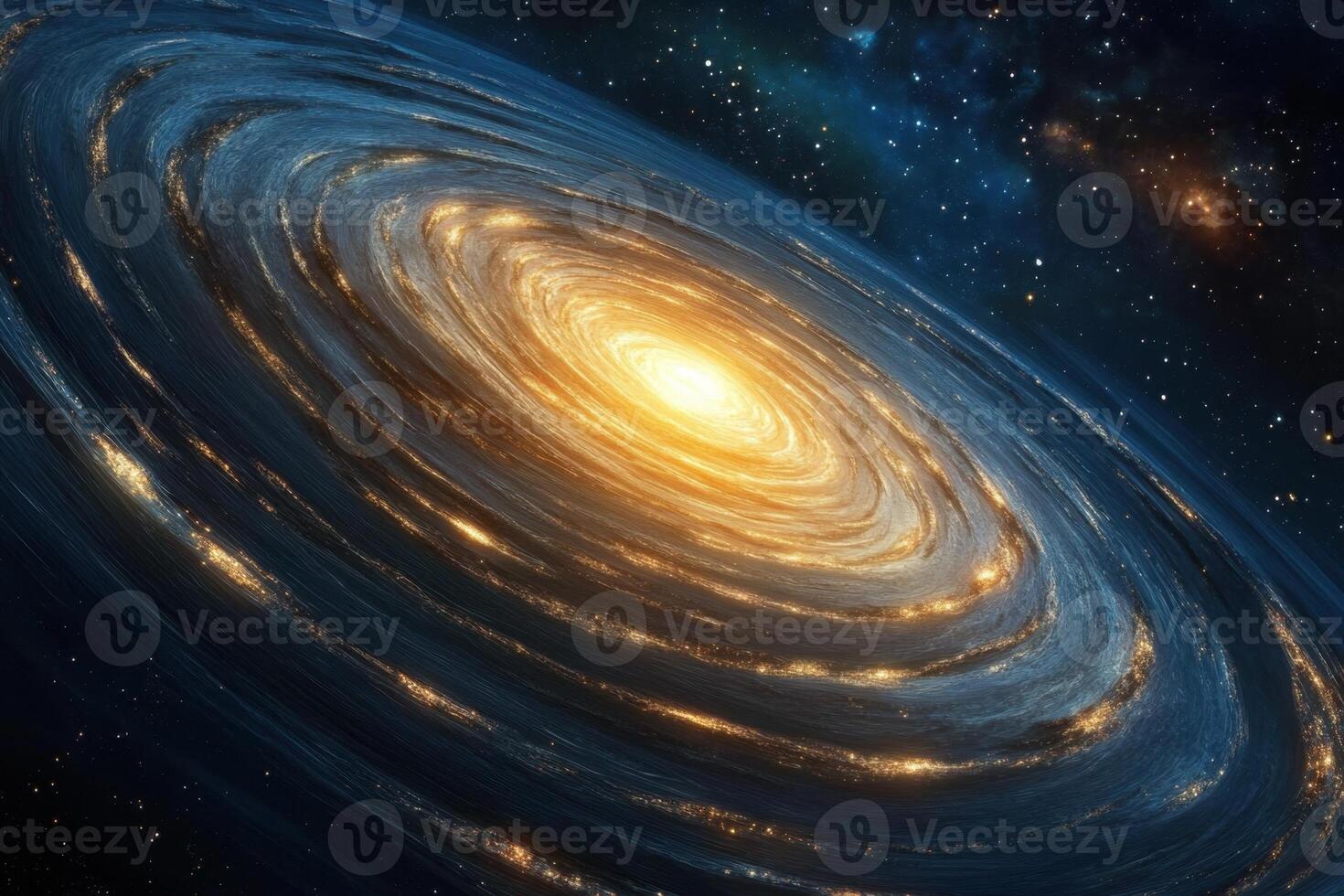 A spiral galaxy with a bright core and swirling arms filled with stars. photo