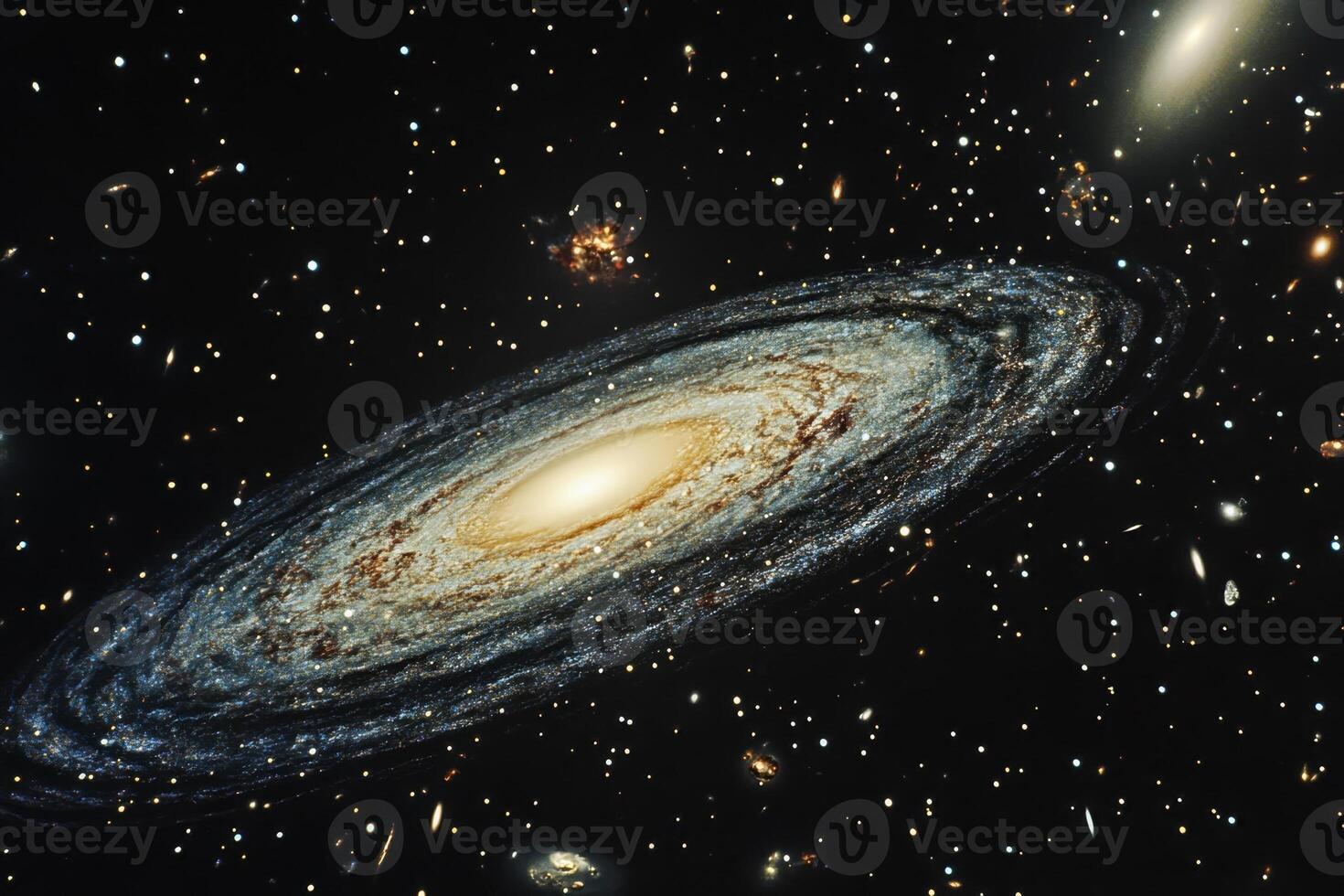 A spiral galaxy with a bright core and swirling arms, surrounded by scattered stars. photo