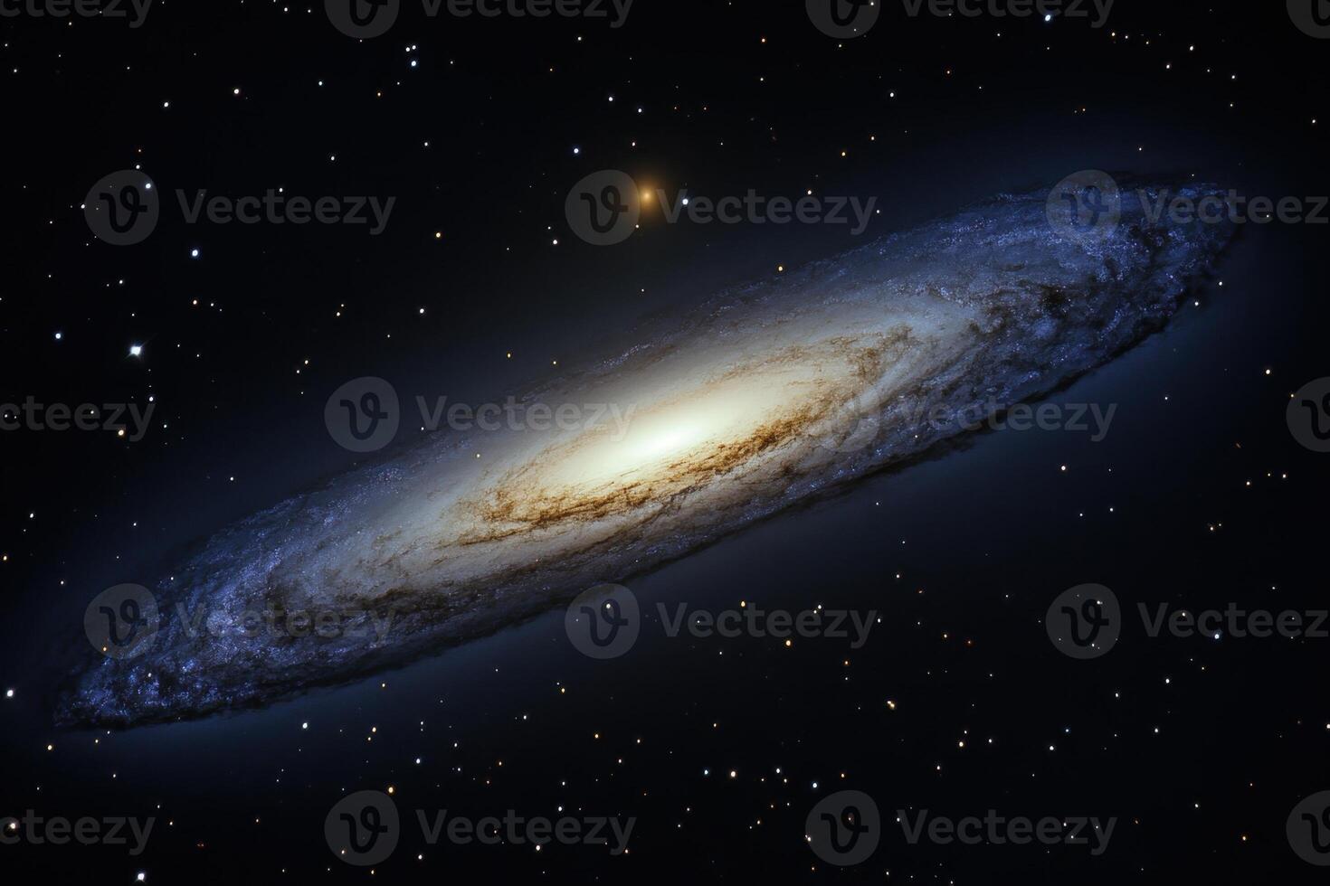 A spiral galaxy with a bright core, surrounded by a halo of stars, against a backdrop of a dark night sky. photo
