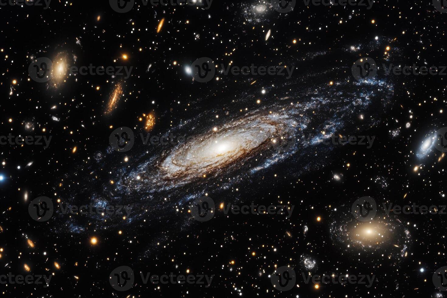 A spiral galaxy with a bright core, surrounded by numerous stars and other galaxies in the deep space. photo
