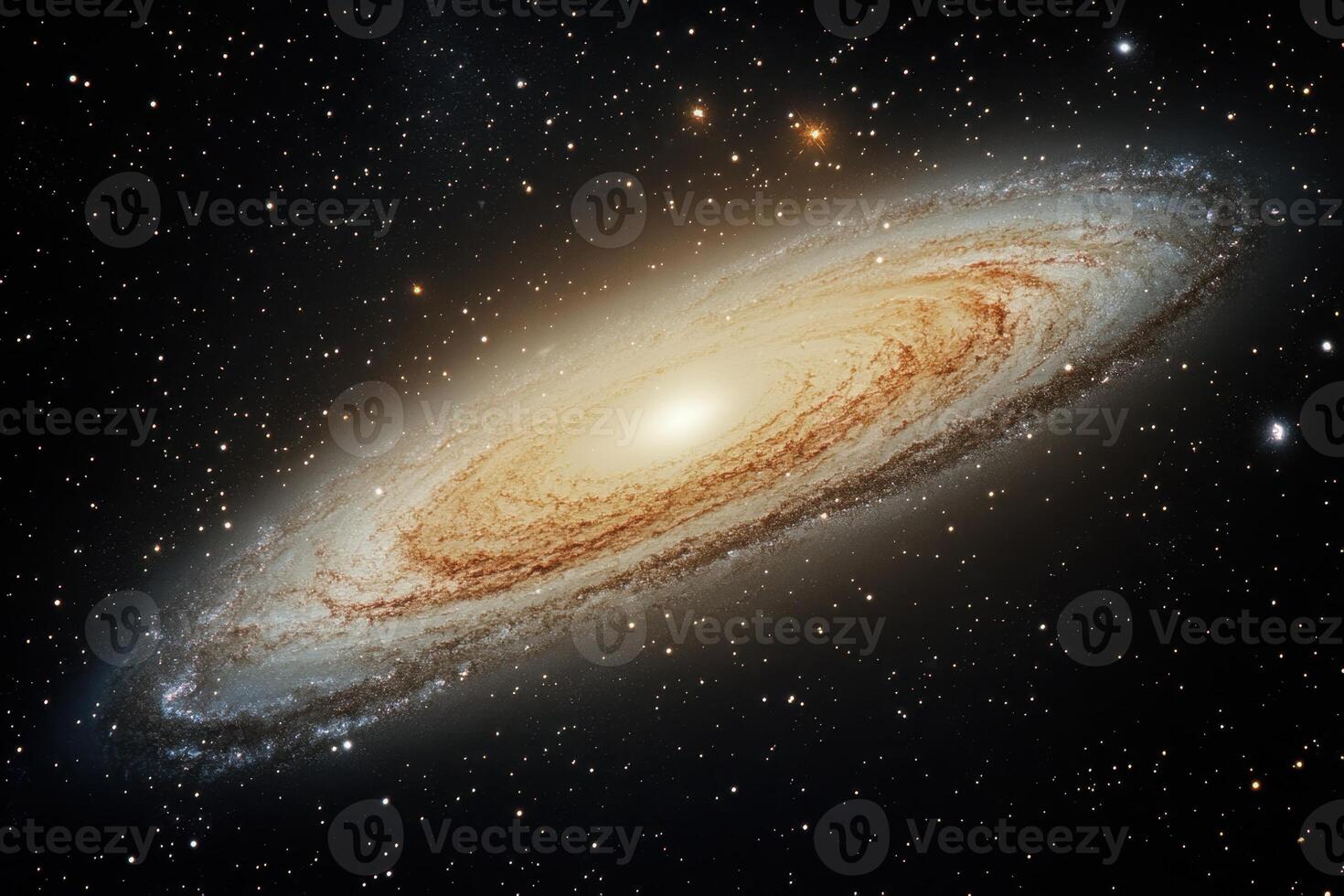 A spiral galaxy with a bright core, surrounded by a halo of stars and dust, against a backdrop of distant stars. photo