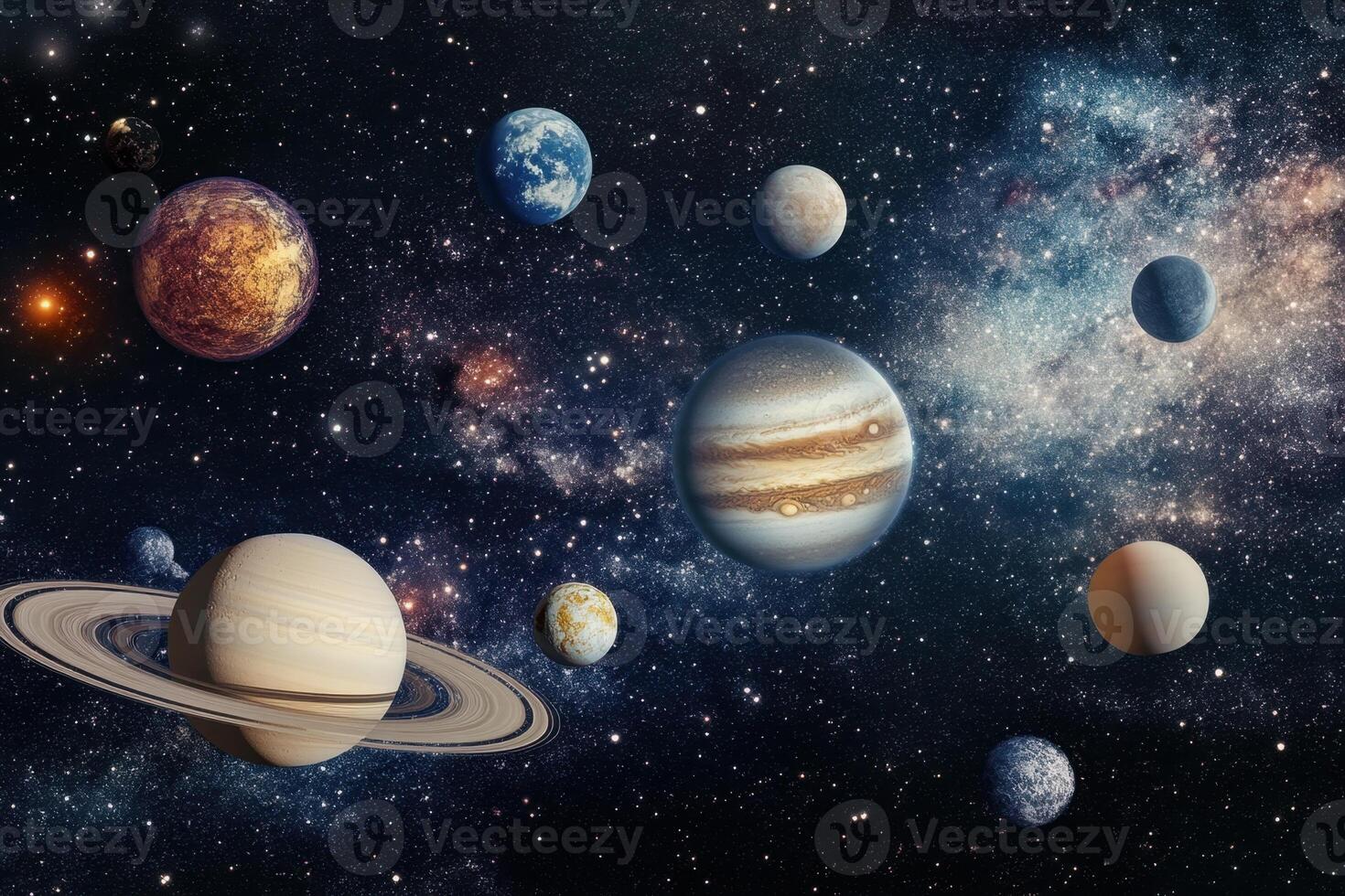 A stunning depiction of our solar system with planets, stars, and a nebula in the background. photo